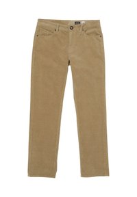 Pantalones de pana beige con un diseño de pierna recta, que cuentan con cinco bolsillos, cierre de botón y una sutil textura de estrías verticales.