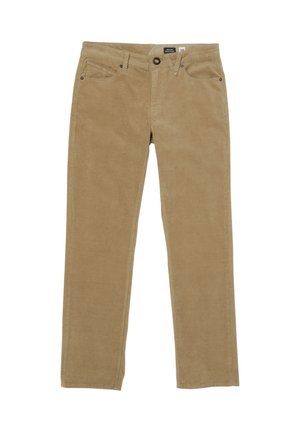 Beige Cord-Hosen mit geradem Bein, die über fünf Taschen, einen Knopfverschluss und eine subtile vertikale Rippstruktur verfügen.