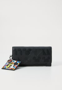 Portefeuille en cuir noir avec des formes de Mickey Mouse en relief et un design en forme de cœur. Comprend un porte-clés avec un graphique coloré de Mickey Mouse.