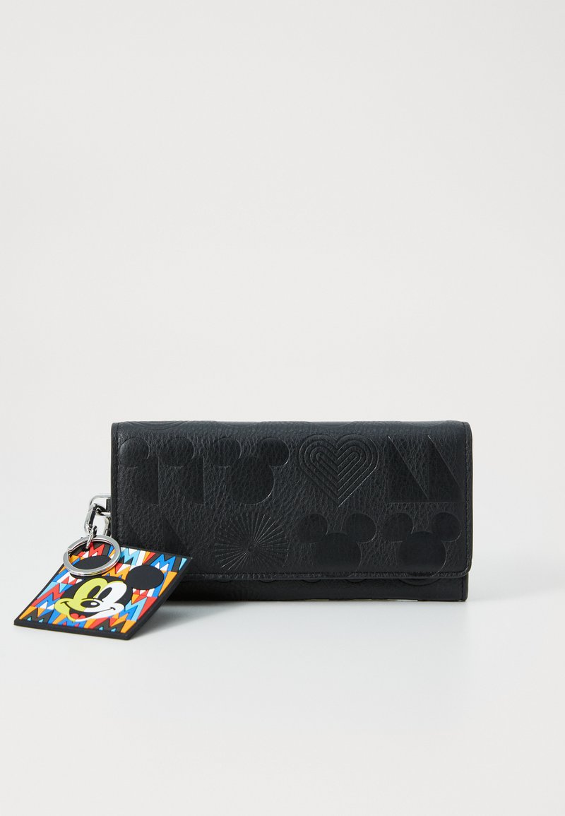 Portefeuille en cuir noir avec des formes de Mickey Mouse en relief et un design en forme de cœur. Comprend un porte-clés avec un graphique coloré de Mickey Mouse.