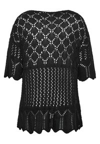 Svart kortärmad topp med lös passform, som har en stickad textur, öppen diamant- och horisontell mönstring samt en scalloped nederkant.