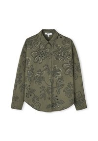 Olijfgroene shirt met bloemenborduurwerk en kralenaccenten. Beschikt over een knoopsluiting aan de voorkant, lange mouwen en een textuurstof.