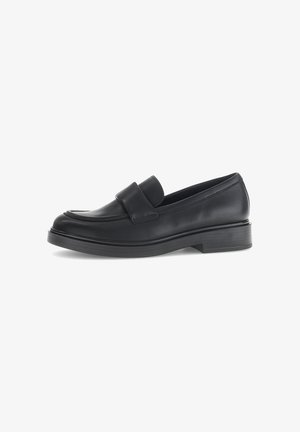 Zwarte leren loafers met een ronde neus, voorzien van een brede band over de instap, een lage gestapelde hak en een gladde textuur.