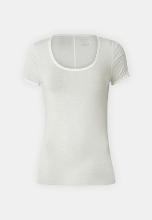 White crew-neck t-shirt with short sleeves, made of lightweight fabric. Features a smooth texture and contrast stitching around the neckline.