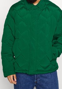 Giacca imbottita verde con motivo a rombi, colletto ampio e taglio rilassato. Accentuata da un dettaglio con logo rosso, bianco e blu.