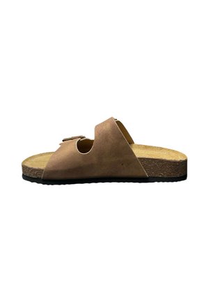 Sandalo scivolo in camoscio marrone con due cinturini traforati e plantare in sughero con suola nera isolato su sfondo bianco.
