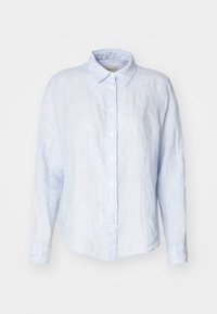 Jasnoniebieska lniana koszula z długim rękawem, z kołnierzykiem i luźnym krojem. Posiada subtelną fakturę oraz standardowe zapięcie na guziki z przodu.