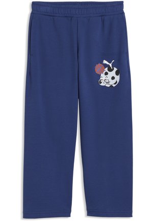 Pantalon de survêtement bleu marine avec taille élastique, orné d’un graphique ludique de chat noir et blanc qui dribble un ballon de basket orange sur la cuisse droite.
