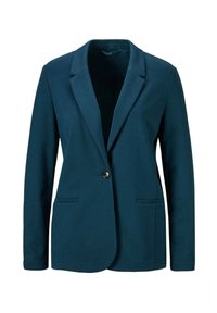 Donkerblauwe blazer met een notch lapel, enkele knoopsluiting, twee voorzakken en een gladde stoftextuur. Casual fit met lange mouwen.