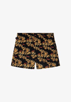 Zwarte boxershorts met all-over print van gele frietjes en kleine rode "FRYCKS" tekst, elastische tailleband en merketiket aan de zijkant.