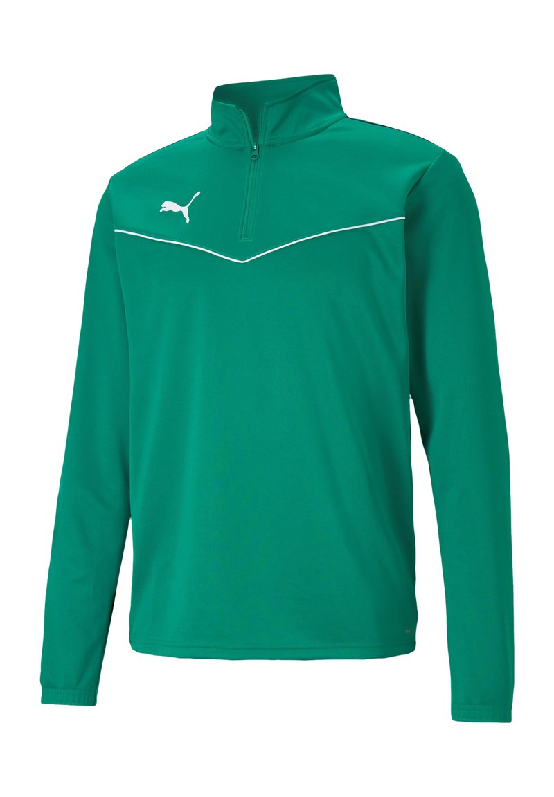 Grünes Sportoberteil mit langen Ärmeln und einem halben Reißverschluss-Kragen, mit weißen Akzentlinien und einem kleinen weißen Logo auf der Brust. Leichter Stoff.