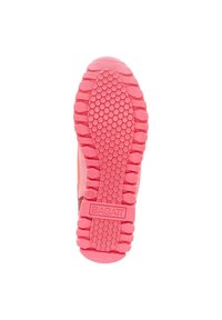 Rosa Gummisohle mit einem strukturierten, hexagonalen Profil und einem markierten Bereich. Sauberes Design mit einer strapazierfähigen Oberfläche.
