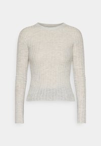 Maglione a maniche lunghe a coste, beige, attillato, con collo rotondo e dettagli a coste verticali sul torso e sulle maniche.