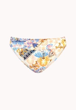 Bikiny s květinovým vzorem v pastelových barvách, s propracovanými modro-zlatými designy. Vyrobeno z hladké, elastické látky, s středním pasem.