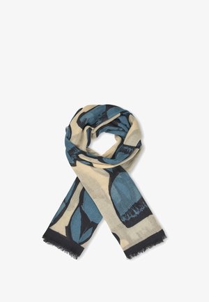 Woven scarf featuring a cream base with blue abstract leaf patterns, finished with frayed edges in black. Soft texture, lightweight design.