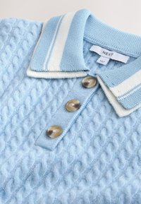 Pull bleu clair en maille torsadée avec un col rayé bleu et blanc replié et trois boutons beiges sur le devant.