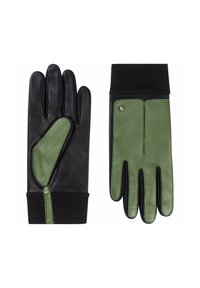 Lederhandschuhe mit schwarzer Handfläche und grünen Akzenten. Strickbündchen am Handgelenk und kontrastierendes Paneeldesign. Glatte Textur mit klassischer Form.