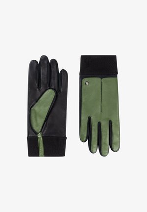 Leather gloves featuring black palm and green accents. Knit cuff at wrist and contrasting panel design. Smooth texture with a classic shape.