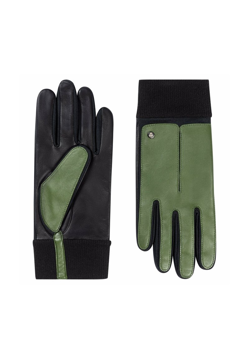 Lederhandschuhe mit schwarzer Handfläche und grünen Akzenten. Strickbündchen am Handgelenk und kontrastierendes Paneeldesign. Glatte Textur mit klassischer Form.