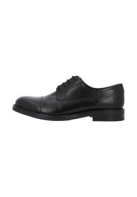Scarpa da cerimonia in pelle nera con punta tonda, design con lacci, superficie liscia e tacco basso impilato.