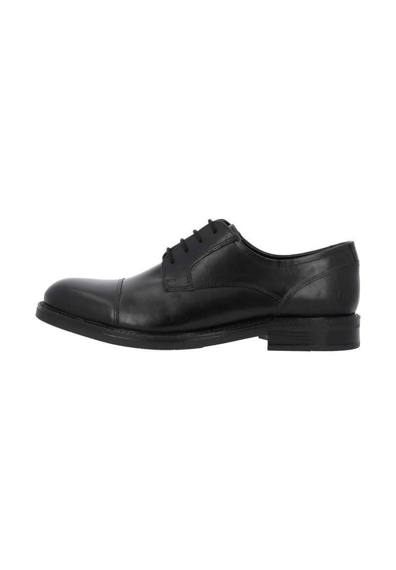 Scarpa da cerimonia in pelle nera con punta tonda, design con lacci, superficie liscia e tacco basso impilato.
