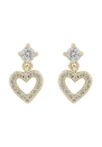Guldtonade hjärtformade örhängen med kristallprydnader; har en hängande design med klara stenar högst upp och inuti hjärtat.