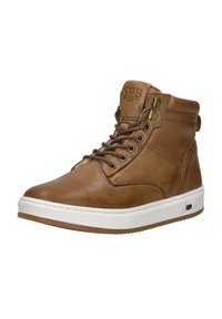 Bruine leren hoge sneakers met een witte rubbere zool, ronde neus, vetersysteem en logodetail aan de zijkant. Glad oppervlak en minimale stiksels.