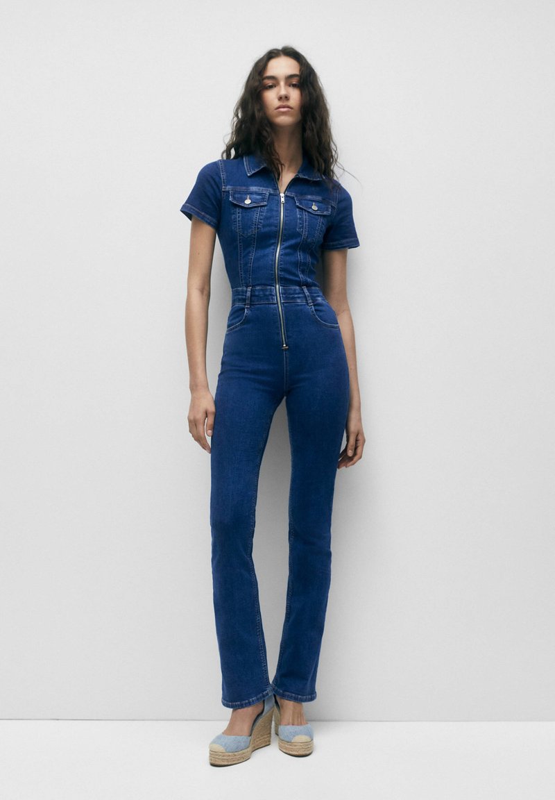 PULL&BEAR WITH SHORT SLEEVES Jumpsuit dark blue denim/donkerblauw