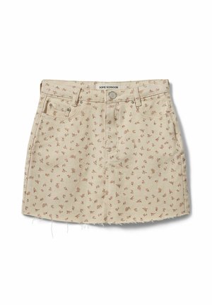 Bež mini suknja od trapera s malim ružičastim cvjetnim uzorkom, prednjim džepovima, petljama za remen, kopčanjem na gumbe i poderanim rubom.