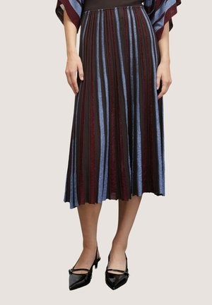 Gonna plissettata fino al ginocchio con audaci strisce verticali in bordeaux, blu navy e azzurro con una finitura testurizzata. Ballerine nere a punta.