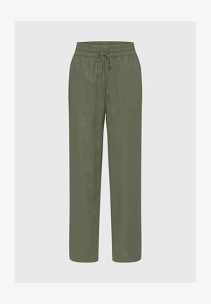 Õliverohelised sirged püksid kummiga vöökohal ja reguleeritava paelaga, valmistatud kergest kangast.