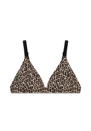 Soutien-gorge triangulaire en tissu imprimé léopard avec bretelles noires réglables sur fond blanc.