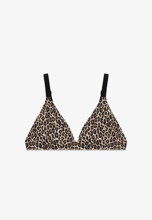 Soutien-gorge triangulaire en tissu imprimé léopard avec bretelles noires réglables sur fond blanc.