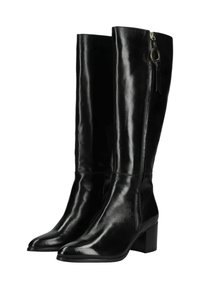 Botas de cuero negras hasta la rodilla con punta afilada y tacón cuadrado. Cuentan con un zipper lateral y una textura suave y brillante.