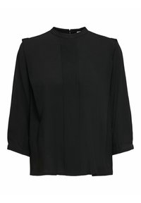 Blouse noire avec un col montant, des manches trois-quarts et une coupe ample. Présente des plis à l'avant et une légère brillance. Texture lisse, design minimal.