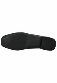 Black leather shoe sole with textured rubber grip section, smooth edges, and a flat design. Features a subtle mesh pattern in central area.