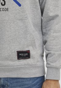 Gray sweatshirt with a front pocket, ribbed cuffs, and hem. Features a logo design and a black and red brand label at the bottom left.