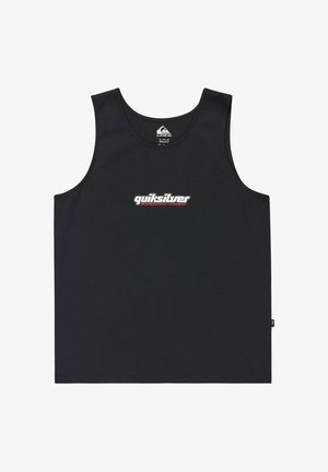 Must värvitrikoo ilma varrukateta, mis on valmistatud puuvillast, keskel on valge ja punase tekstiga logo, regulaarne lõige ja ümmargune kaelus.