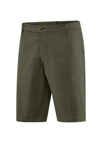 Pantaloni corti verde oliva realizzati in tessuto testurizzato con taglio dritto, chiusura a bottone singolo e orlo cucito. Caratterizzati da tasche laterali.