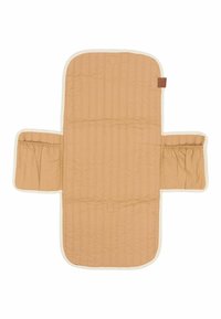 Quilted changing mat in tan with cream edges, featuring elastic pockets on each side for storage and a smooth, padded texture.