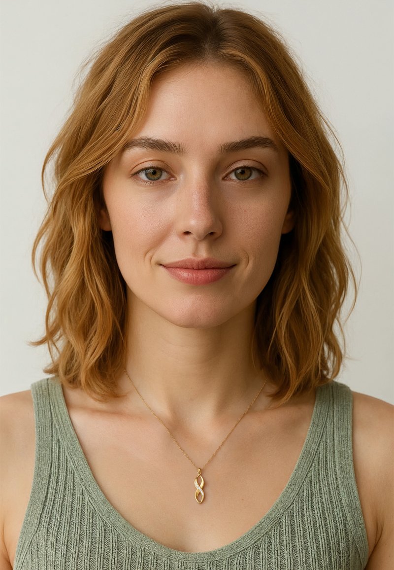 Collana con pendente d'oro caratterizzata da un design intrecciato, indossata su una delicata catena. La modella indossa una canotta verde texturizzata. Sfondo neutro.