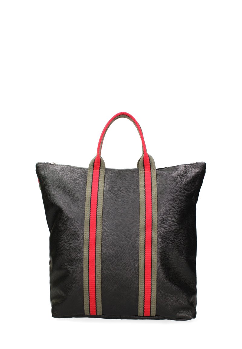 Borsa a tote nera in pelle con due strisce verticali rosse e verdi, manici corti e superficie testurizzata. Chiusura superiore con zip.