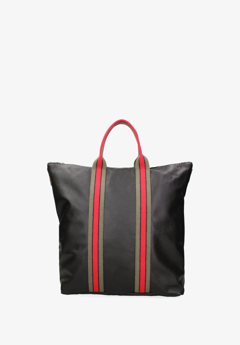 Borsa a tote nera in pelle con due strisce verticali rosse e verdi, manici corti e superficie testurizzata. Chiusura superiore con zip.