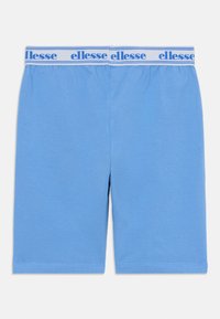 Shorts bleu clair en tissu doux avec une taille élastique, arborant un logo blanc et bleu. Pas de poches ni de motifs visibles.