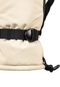 Beige und schwarze isolierte Handschuhe mit gestrafftem Handgelenk, aus Nylonmaterial, schwarz verstellbarem Riemen und Zugmechanismus für einen sicheren Sitz.