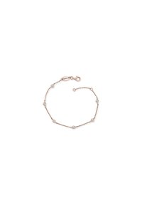 Braccialetto in oro rosa con una delicata catena e gemme rotonde distribuite in modo uniforme. Chiusura a moschettone con lunghezza regolabile.