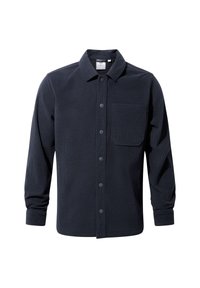 Dark blue corduroy shirt with a button-up front, collared neck, single chest pocket, and long sleeves with buttoned cuffs.
