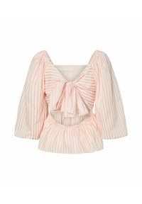 Blusa a righe con maniche a sbuffo, scollatura quadrata, dettaglio fiocco frontale e orlo arricciato. I colori principali sono bianco e rosa chiaro, con strisce verticali.