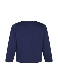 Marinblå långärmad tröja i mjukt tyg. Har en rundad halsringning och en avslappnad passform med rak fåll och minimala sömmar.