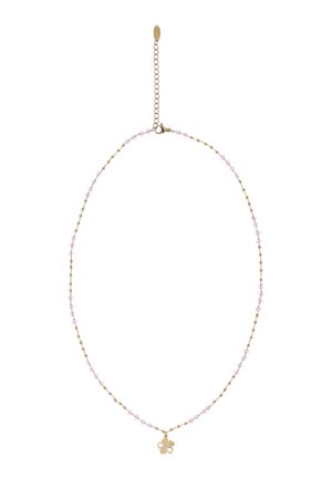 Zarte Goldkette mit kleinen rosa Perlen und einem Vierblättrigen-Kleeblatt-Anhänger, ausgestattet mit einem verstellbaren Verschluss.